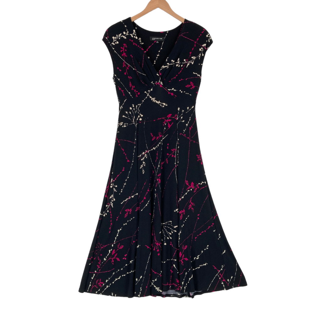 Jones New York Sheath Dress Womens Size 8 Black Floral Abstract Faux Wrap V Neck